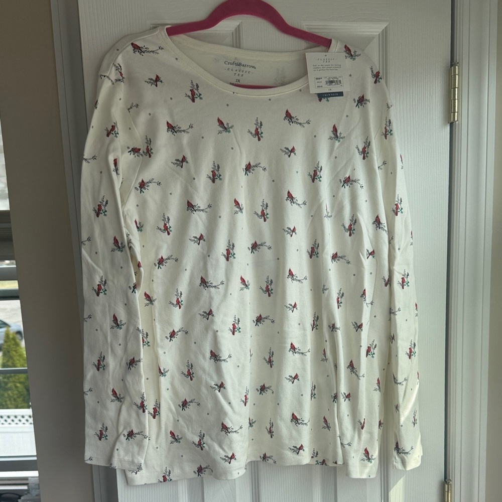 croft & barrow Cream Long-Sleeve Tee with Red Cardinal Print